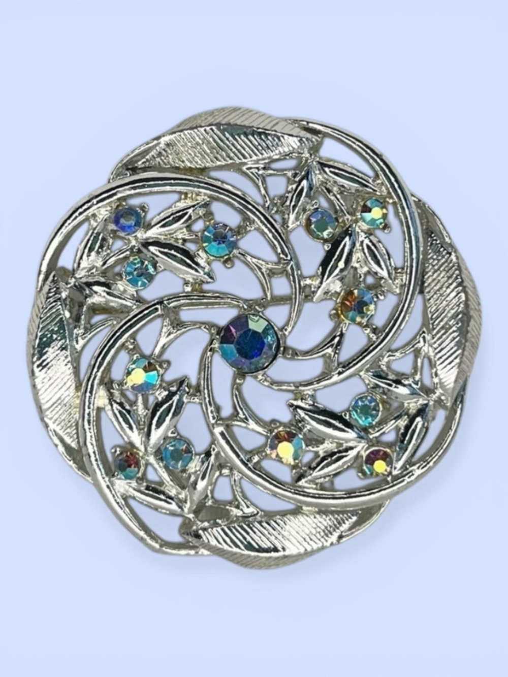 VTG‎ Brooch Aurora Borealis Rhinestones Round Silver-tone Rhodium Back